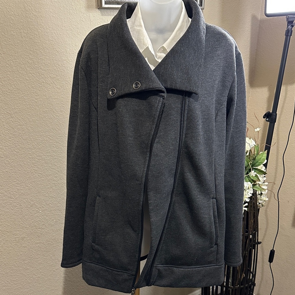 Lucy Gray size Large asym zip moto jacket funnel neck box 1